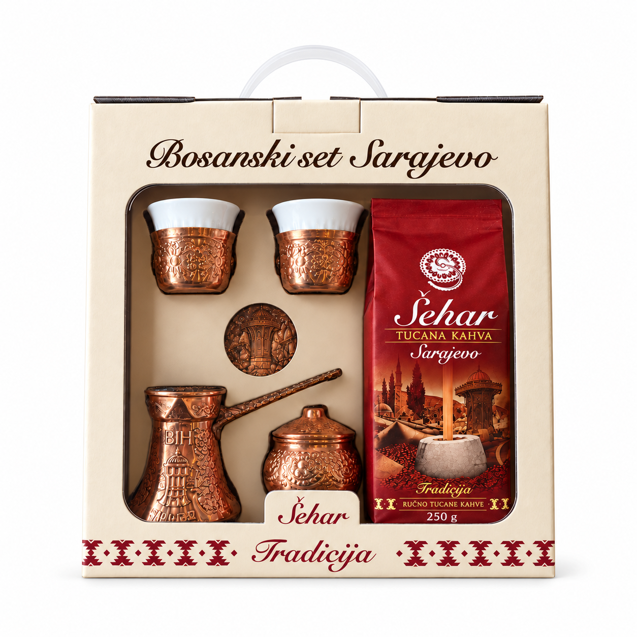 Bosanski set Sarajevo u kutiji s ručkicom: džezva, dva fildžana, šećerluk, tacna i Šehar kafa od 250 g